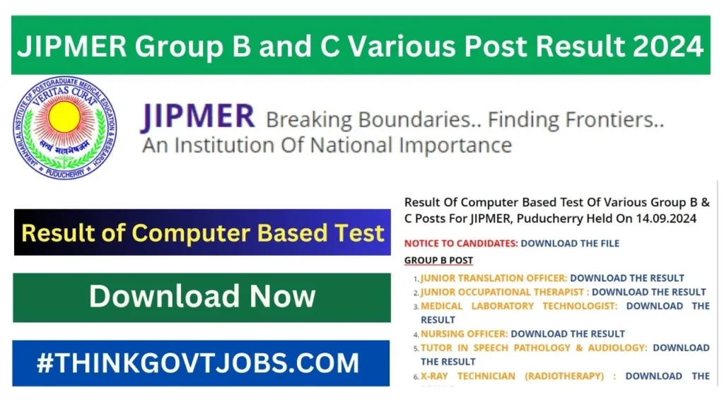 JIPMER Group B and C Various Post Result 2024