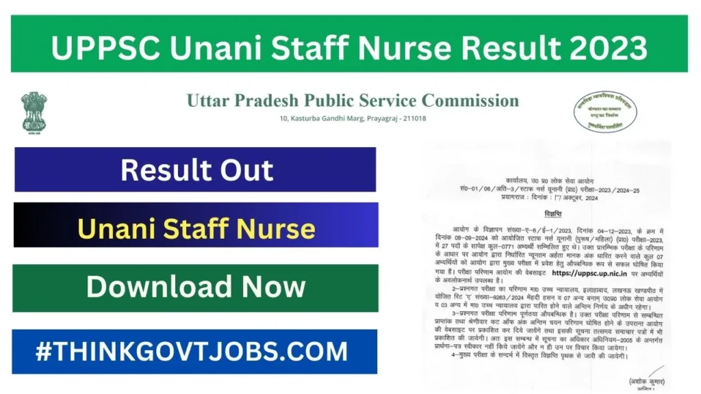 UPPSC Unani Staff Nurse Result 2023