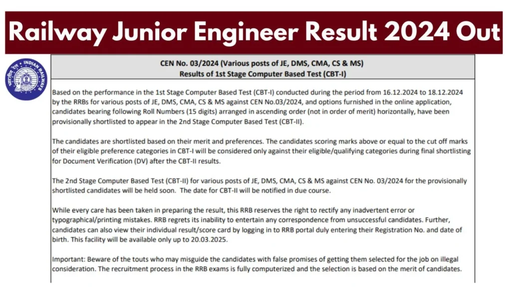 Railway RRB 7951 Junior Engineer Result 2024 Out